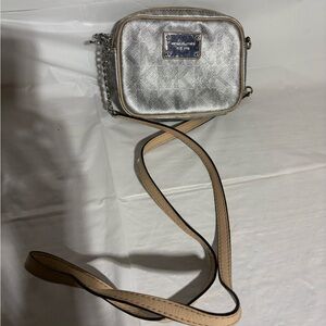 Michael Kors Metallic Silver Crossbody with Beige Strap